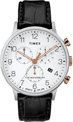Timex Mens Waterbury Chronograph Watch with White Indiglo Dial and Black Strap TW2R71700