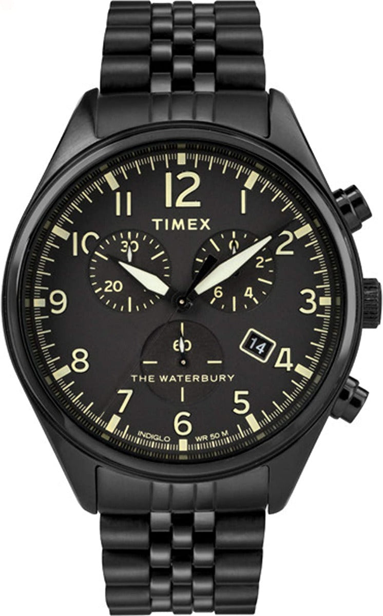 Watsh Chronograff Timex Waterbury i Ddynion gyda Deial Du a Strap Dur Di-staen Du TW2R88600