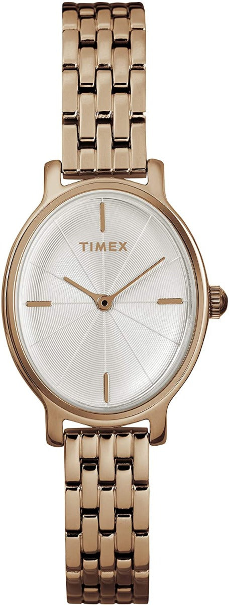 Cloc Arddwrn Clasurol Timex i Fenywod gyda Deial Arian a Strap Aur Rhosyn TW2R94000