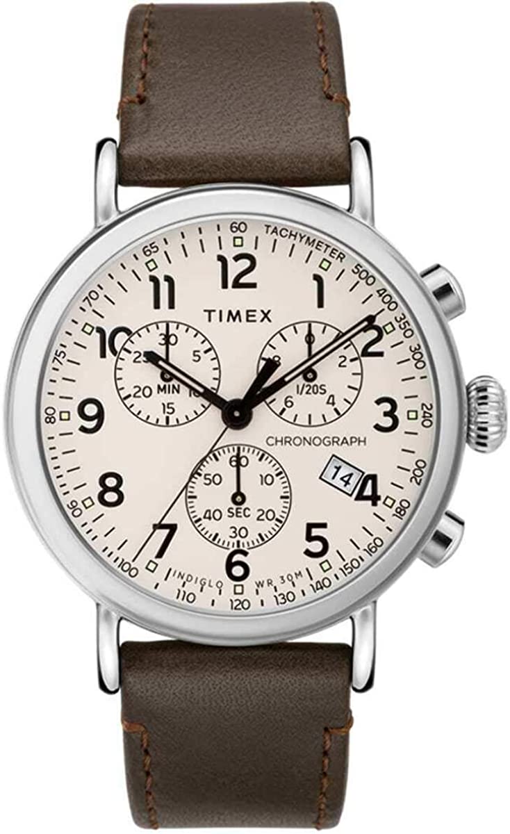 Gwylio Cronograff i Ddynion Timex gyda Deial Hufen a Strap Lledr Brown TW2T21000