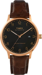 Gwylio Awtomatig Waterbury i Ddynion Timex gyda Deial Du a Strap Lledr Brown TW2T70100