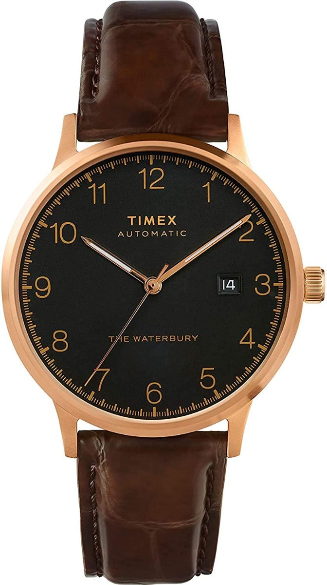 Gwylio Awtomatig Waterbury i Ddynion Timex gyda Deial Du a Strap Lledr Brown TW2T70100