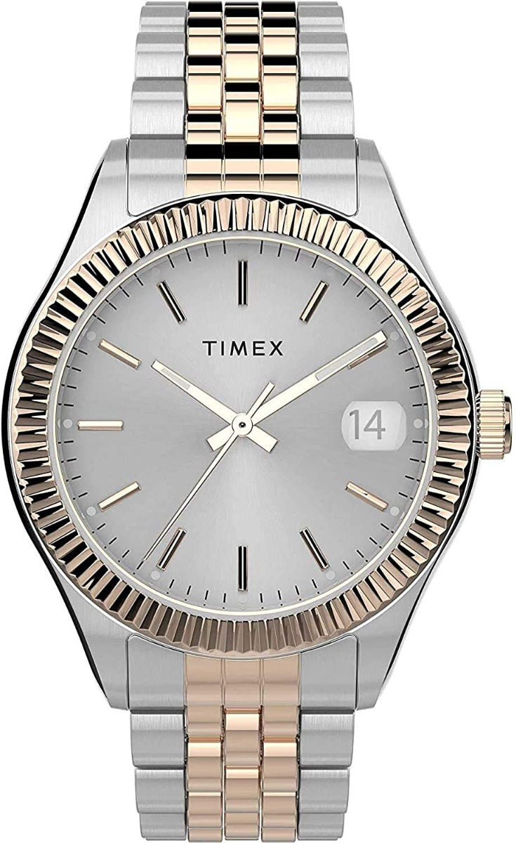 Cloc Cyffwrdd Timex i Fenywod gydag Wyneb Arian a Strap Dur Di-staen Deu-liw TW2T87000
