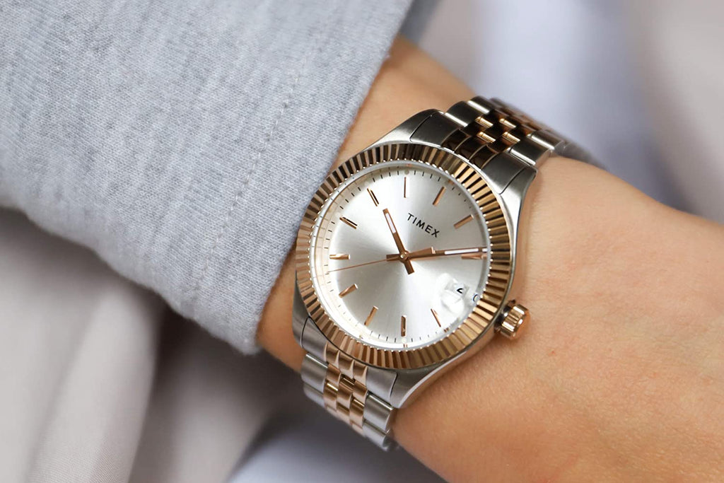Timex Ladies Watch with Silver Dial and Two Tone Stainless Steel Strap TW2T87000