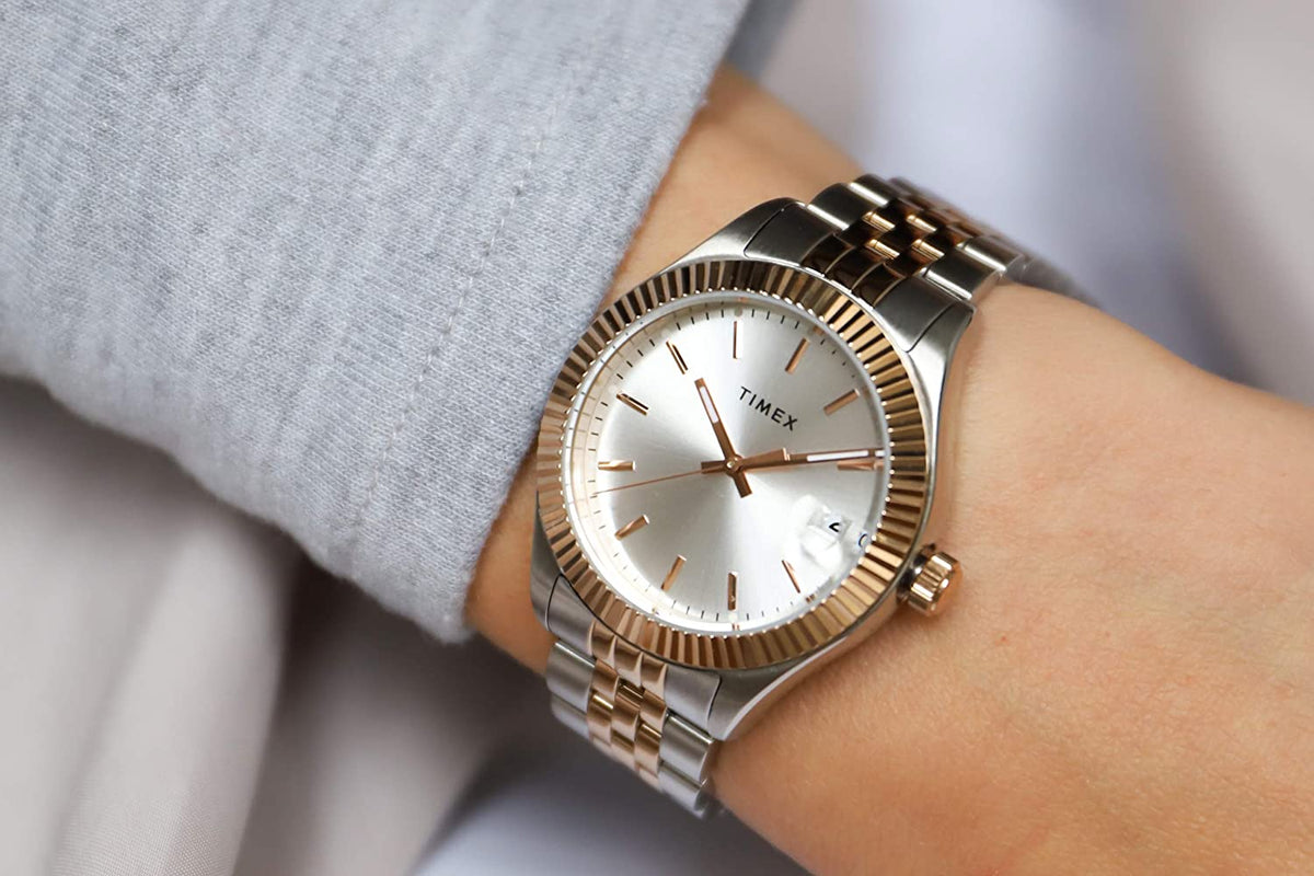 Timex Ladies Watch with Silver Dial and Two Tone Stainless Steel Strap TW2T87000
