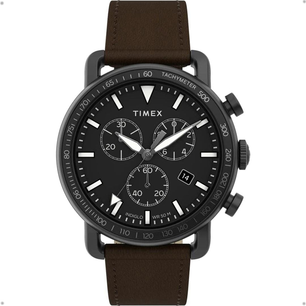 Timex Trend Mens Chronograph Watch with Black Dial and Brown Strap TW2U02100
