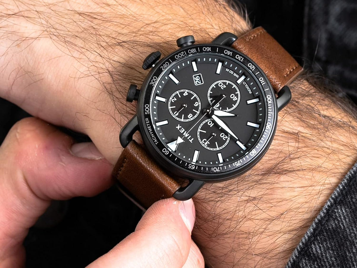 Timex Trend Mens Chronograph Watch with Black Dial and Brown Strap TW2U02100