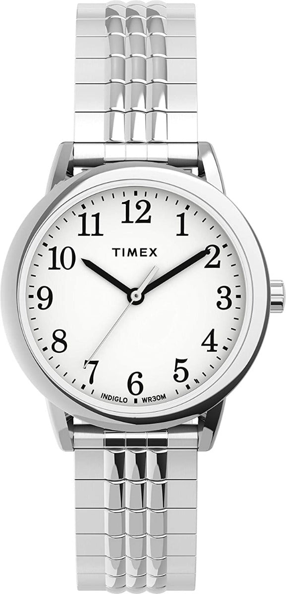 Olwg Hawdd Merched Timex gyda Deial Indiglo Gwyn a Band Ehangu Arian TW2U08600
