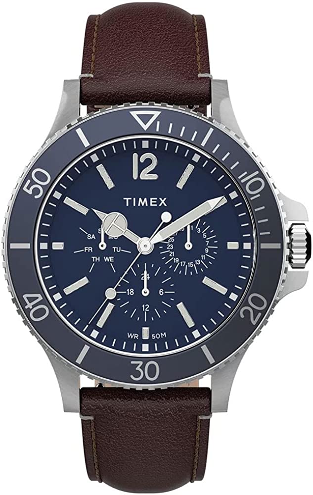 Timex Mens Watch with Blue Dial and Brown Leather Strap TW2U13000