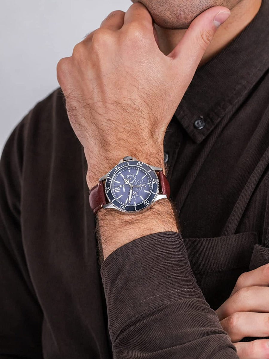 Timex Mens Watch with Blue Dial and Brown Leather Strap TW2U13000