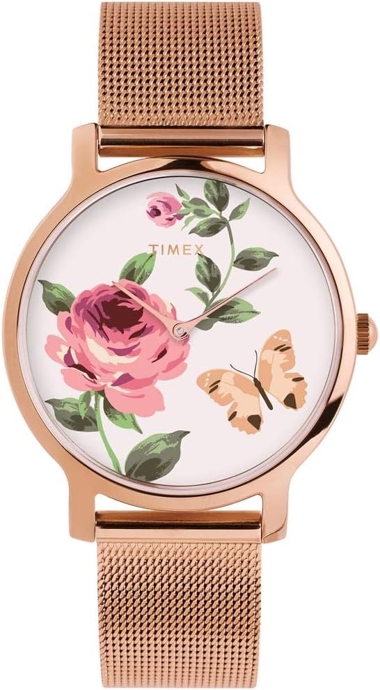 Gwylio Merched Timex Full Bloom gyda Deial Gwyn a Strap Aur Rhosyn TW2U19000