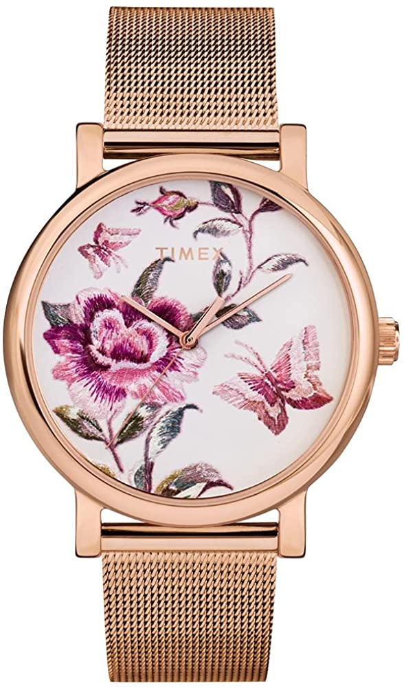 Gwylio Timex i Fenywod â Deial Flodau Llawn a Strap Milanese Aur Rosyn TW2U19500