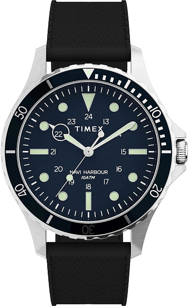 Gwylio Dynion Timex gyda Deial Glas a Strap Rwber Du TW2U55700