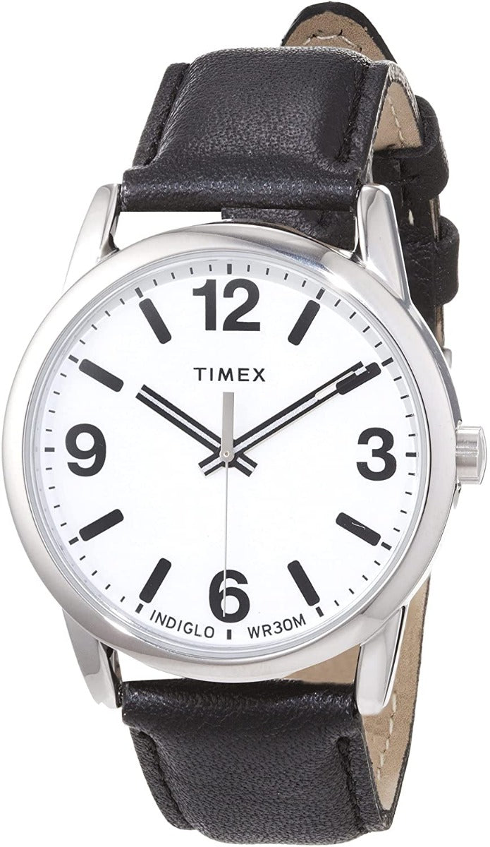Clocsen Dynion Timex Easy Reader gyda Deial Indiglo Gwyn a Strap Lledr Du TW2U71700