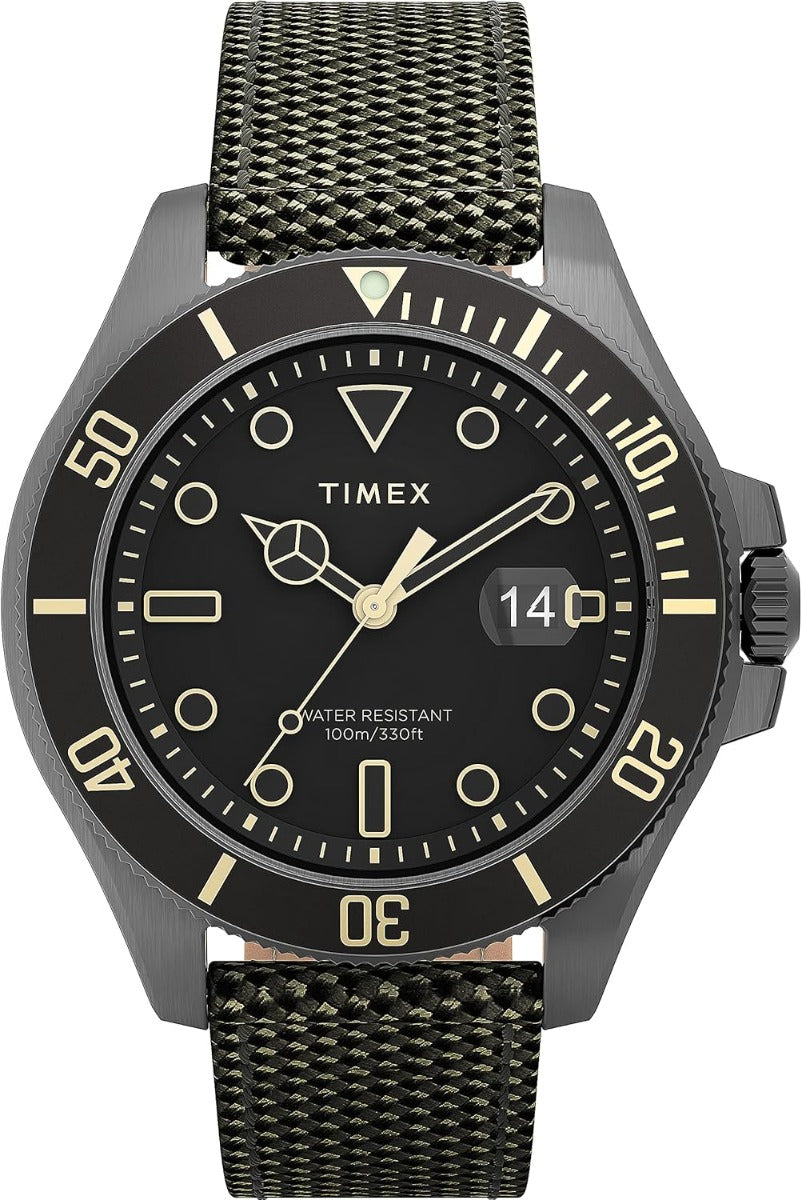 Olwyn Gwylio Dynion Timex gyda Deial Ddu a Strap Werdd TW2U81900