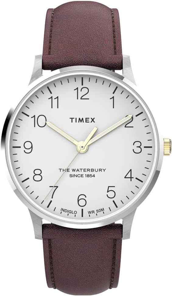 Clocsen Dynion Timex Waterbury gyda Deial Gwyn a Strap Brown TW2V28800