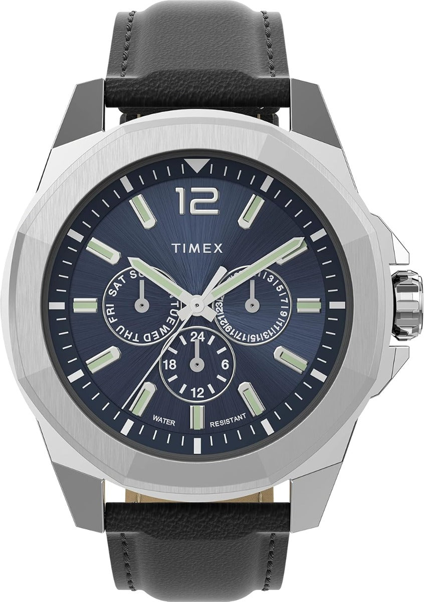 Timex Mens Watch with Blue Dial and Black Leather Strap TW2V43200