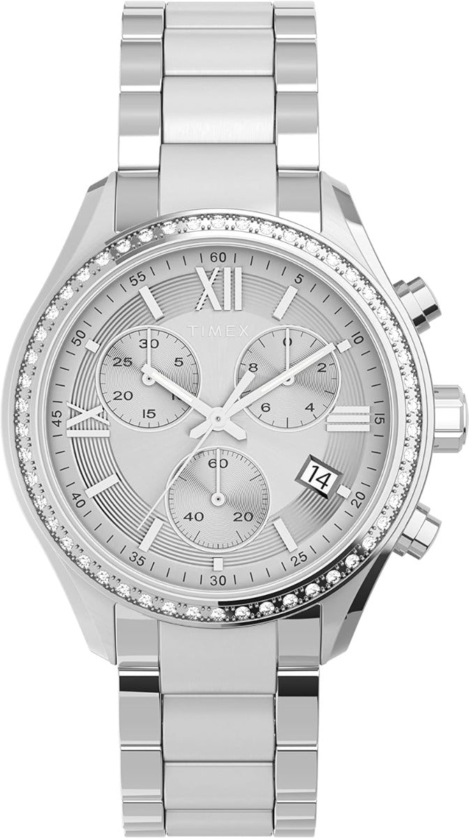 Cloc Menywod Timex gydag Wyneb Arian a Breichled Arian TW2V57600