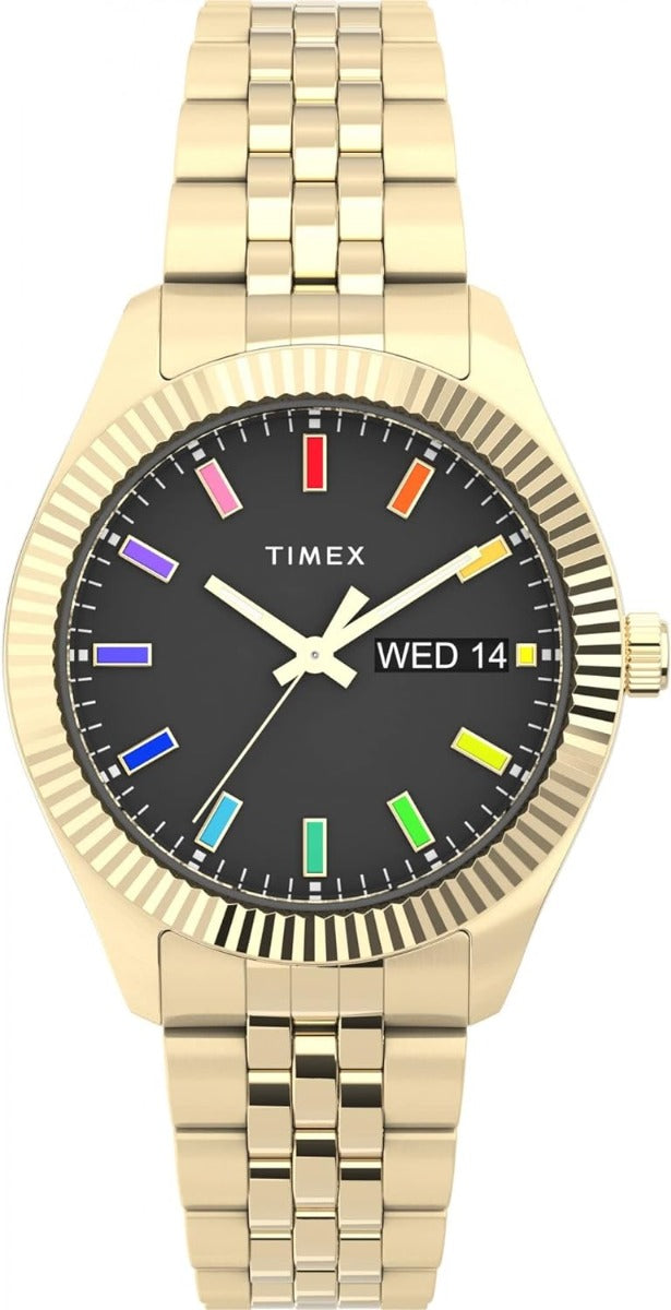 Cloc Menywod Timex Enfys gyda Deial Du a Breichled Aur TW2V61800