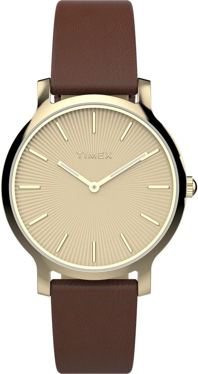 Cloc Menywod Timex gyda Strap Lledr Brown TW2V67000