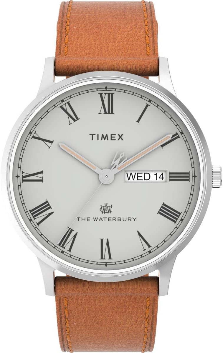 Clocsen Dynion Timex Waterbury gyda Strap Ledr Llwydfelyn TW2V73600
