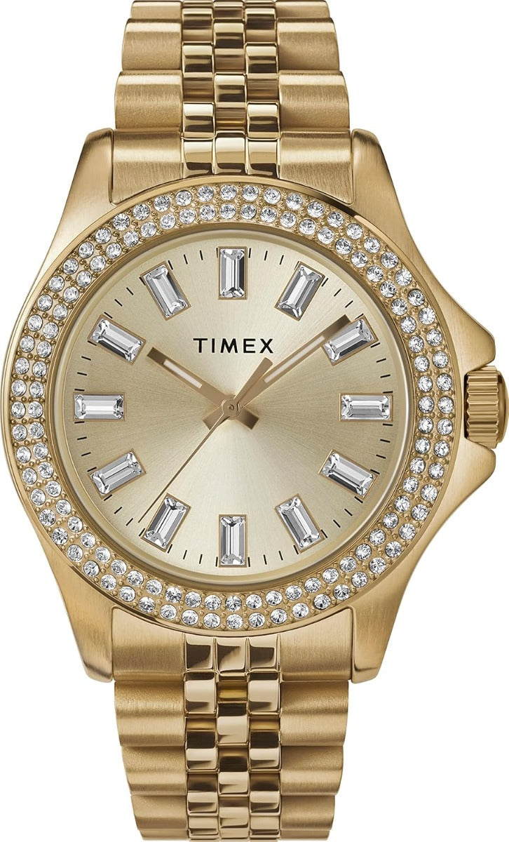 Cloc Menywod Timex gyda Deial Aur a Breichled Aur TW2V80000