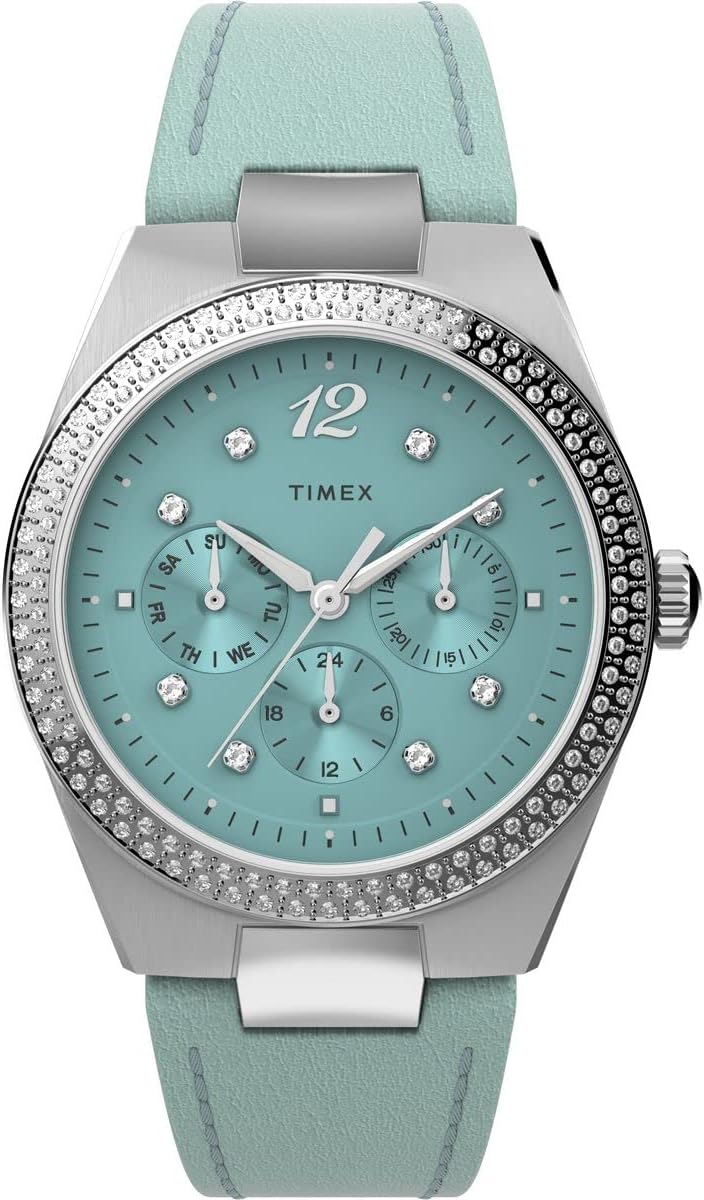Watsh Merched Timex Simone gyda Strap Lledr Glas TW2V80400
