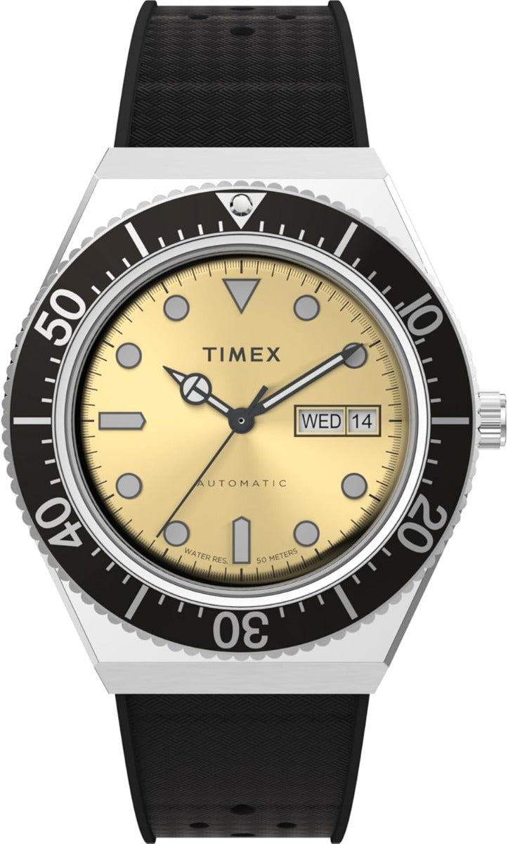 Clocsedd Awtomatig i Ddynion Timex gyda Deial Aur a Strap Rwber TW2W47600