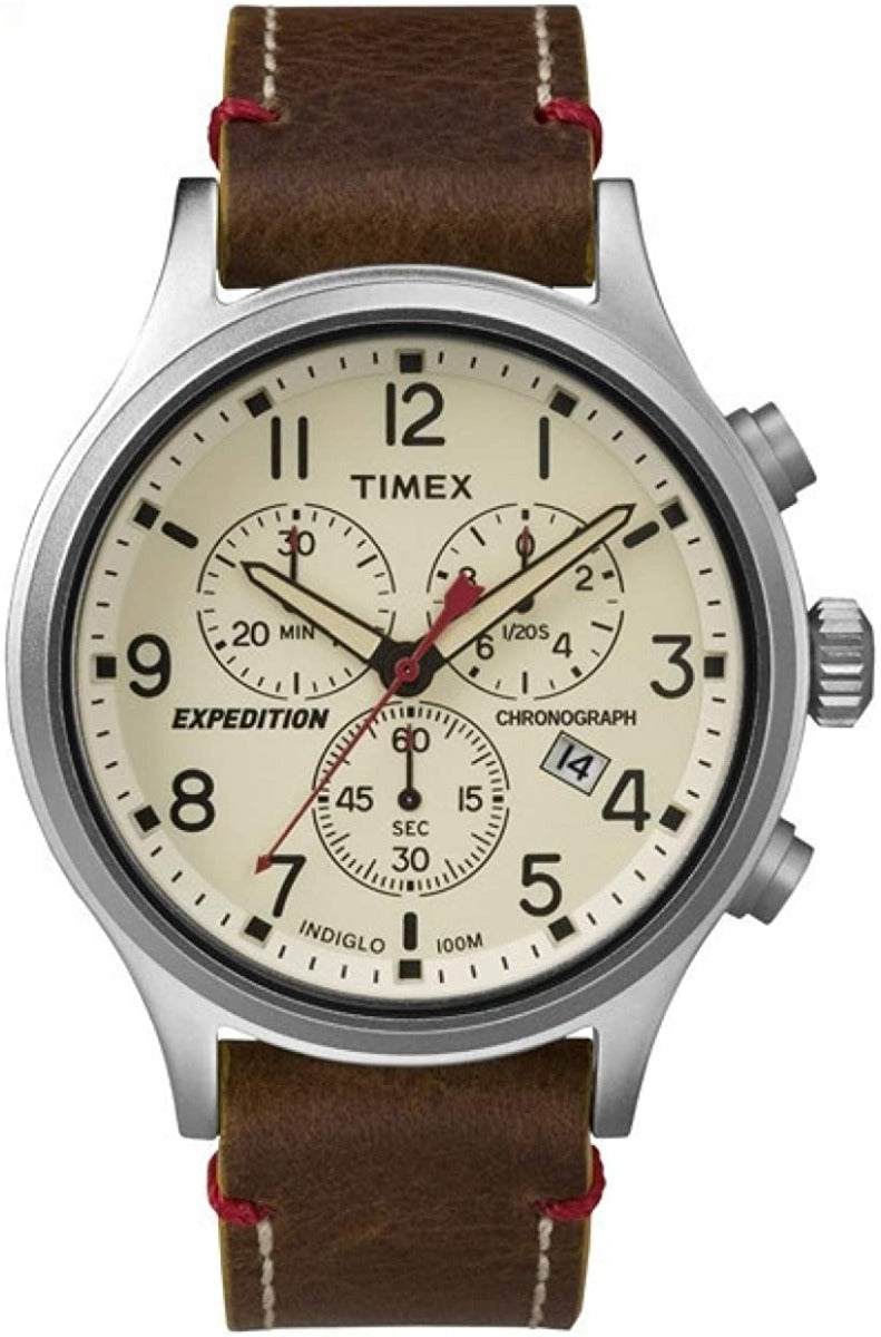 Gwylio Cronograff Timex i Ddynion Expedition Scout gyda Strap Lledr Brown TW4B04300