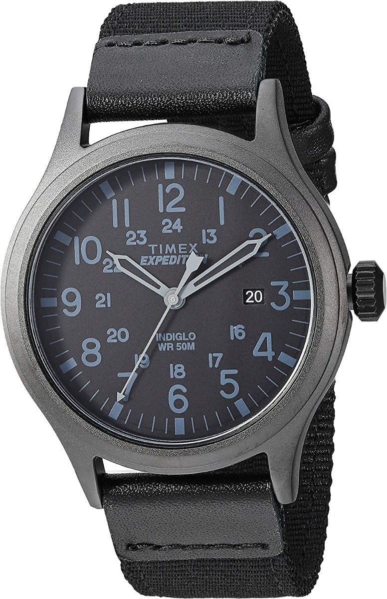Olwyn Gwylio Timex Dynion Expedition Scout gyda Deial Du a Strap Lledr/Nylon Du TW4B14200