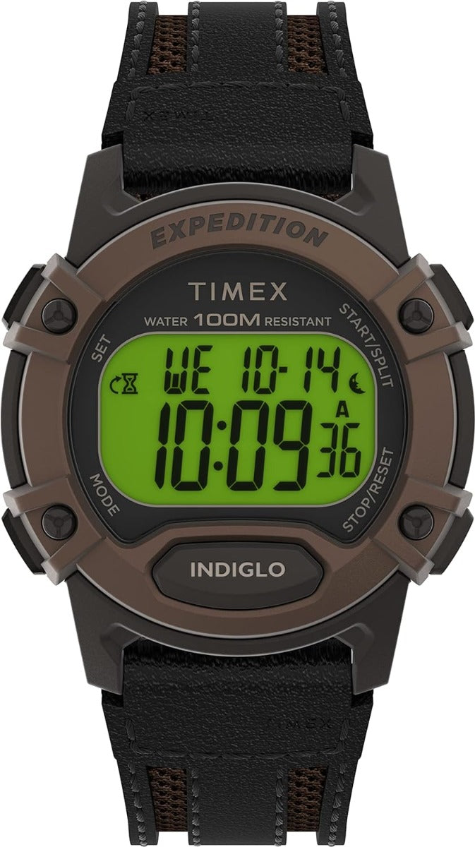 Oriawr Ddigidol Timex Expedition gydag Strap Lledr Du TW4B24600