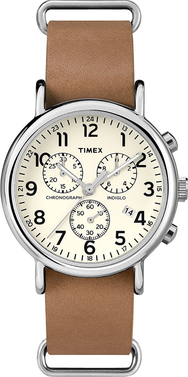 Timex Weekender Mens Chronograph Watch with Cream Indiglo Dial and Tan Leather Strap TWC063500