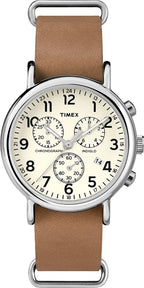 Timex Weekender Mens Chronograph Watch with Cream Indiglo Dial and Tan Leather Strap TWC063500