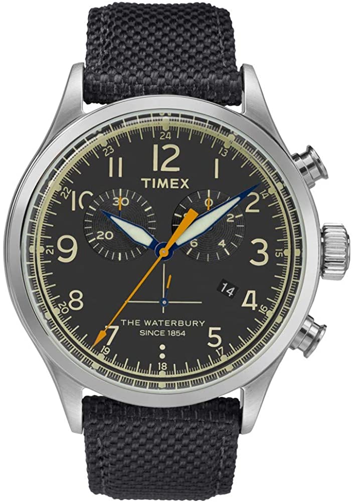 Gwylio Waterbury i Ddynion gan Timex gyda Wyneb Du a Strap Ddu TWF3C8260