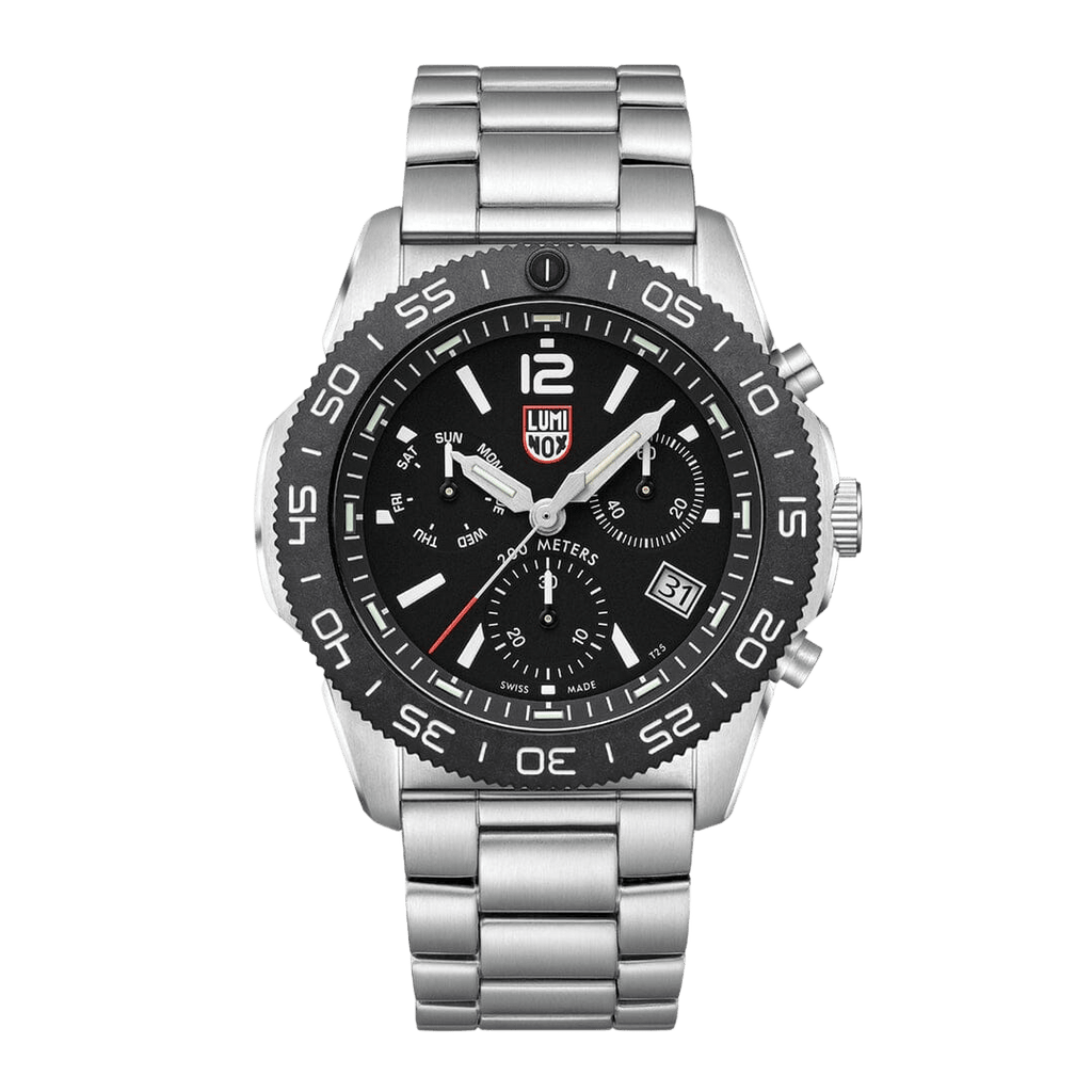Oriawr Chronograff Dynion Luminox Pacific Diver gyda Deial Du a Strap Arian XS.3142