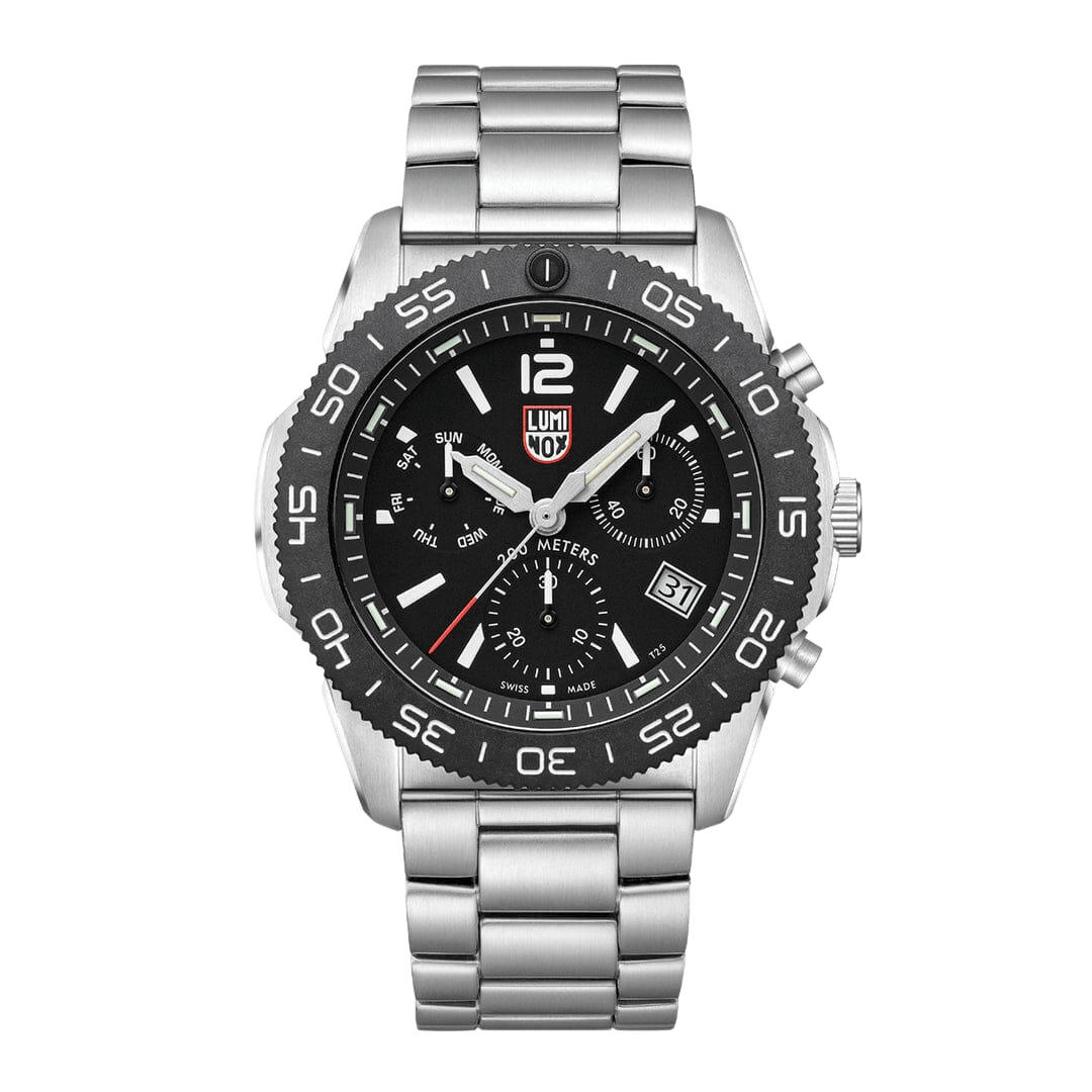 Luminox Pacific Diver Mens Chronograph Watch with Black Dial and Silver Strap XS.3142