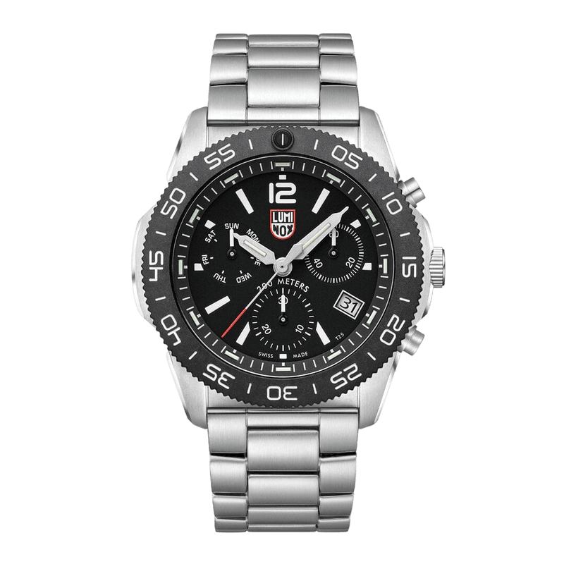 Luminox Pacific Diver Mens Chronograph Watch with Black Dial and Silver Strap XS.3142