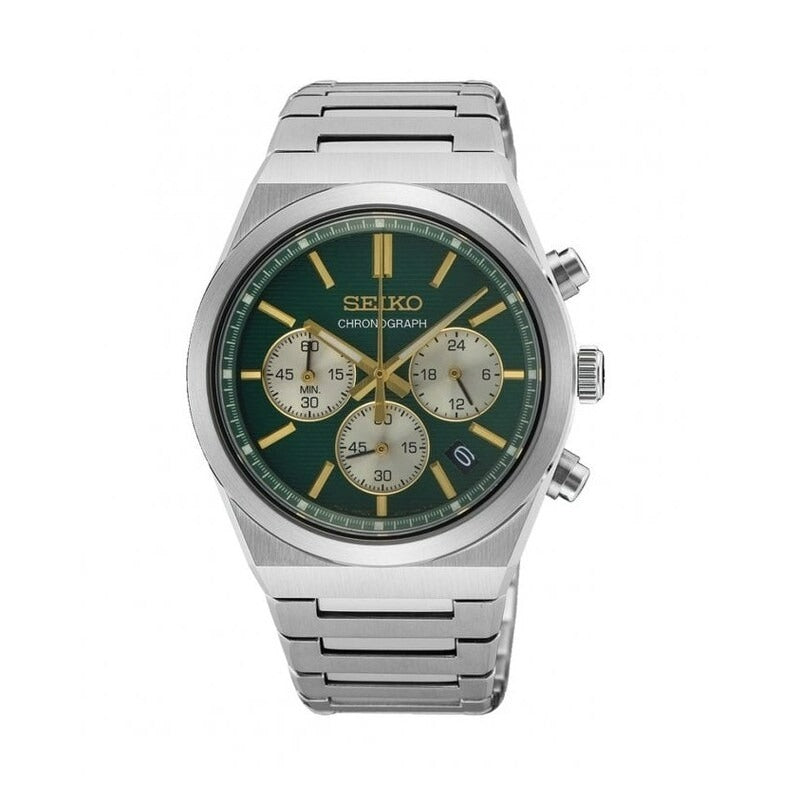 Gwylio Cronograff Dynion Seiko Essential Time Chrono gyda Deial Gwyrdd a Breichled Arian SSB461P1