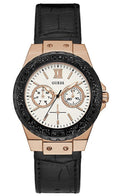 Guess Women's Limelight Multi Dial Watch W0775L9 with Rose Gold Dial and Black Leather Strap