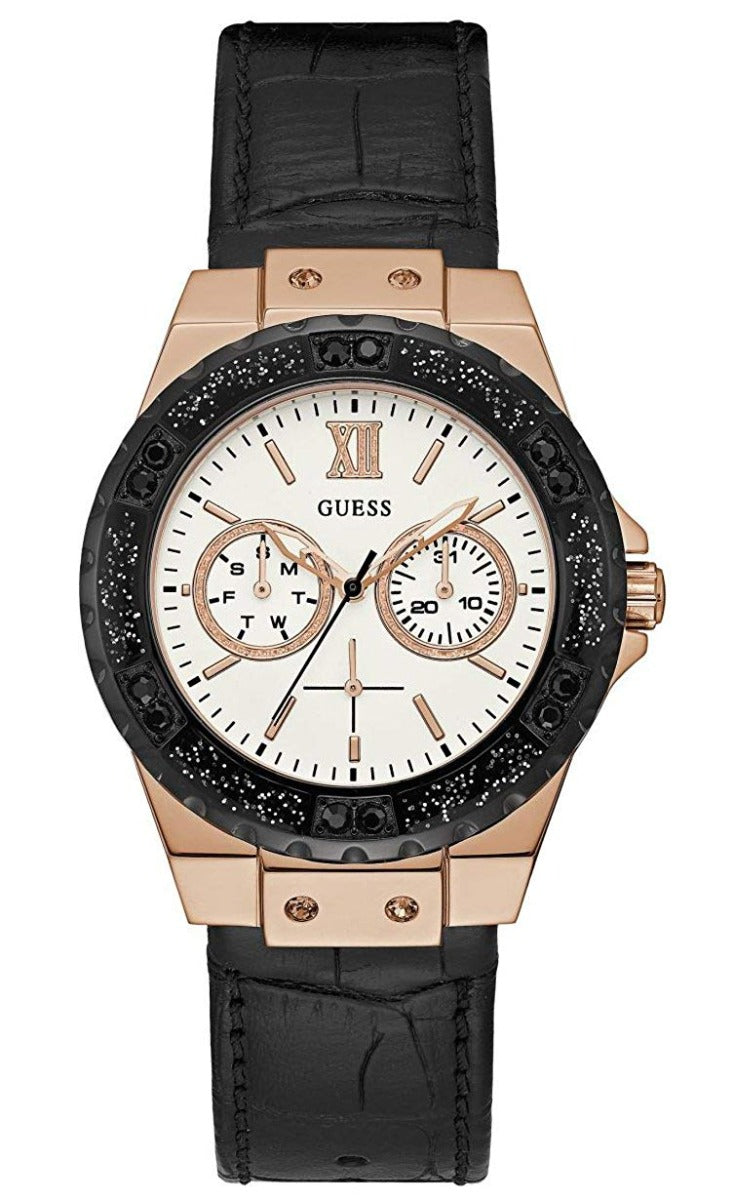 Guess Women's Limelight Multi Dial Watch W0775L9 with Rose Gold Dial and Black Leather Strap
