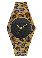 Gwylio Merched Retro Pop Guess gyda Strap Print Llewpard a Deial Ddu W0979L15