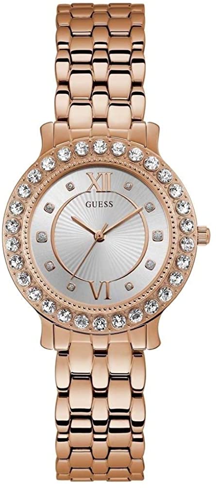 Cloc Menywod Guess Blush gyda Breichled Aur Rhosyn a Deial Pelydr Haul Arian W1062L3