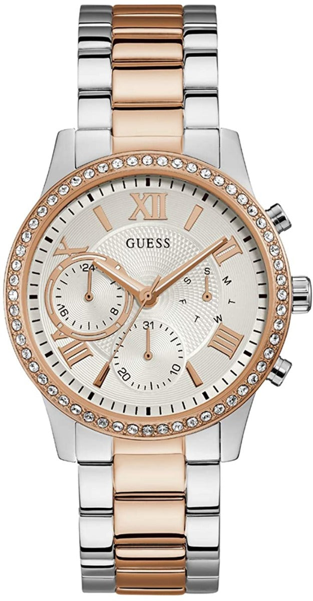 Guess Solar Ladies Watch with Two Tone Stainless Steel Bracelet Watch with Silver Dial W1069L4
