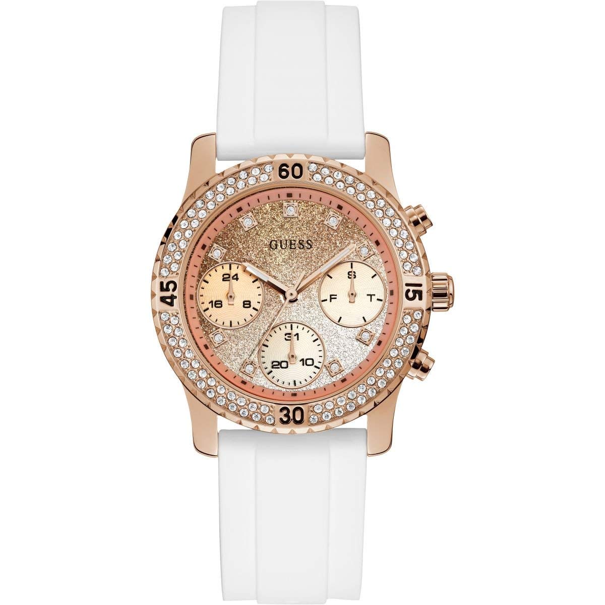 Guess Womens Confetti Watch W1098L5 with Glitter Rose Dial and White Silicone Strap