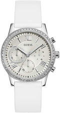 Gwylio Guess Solar i Fenywod gyda Strap Silicone Gwyn a Deial Arian W1135L7