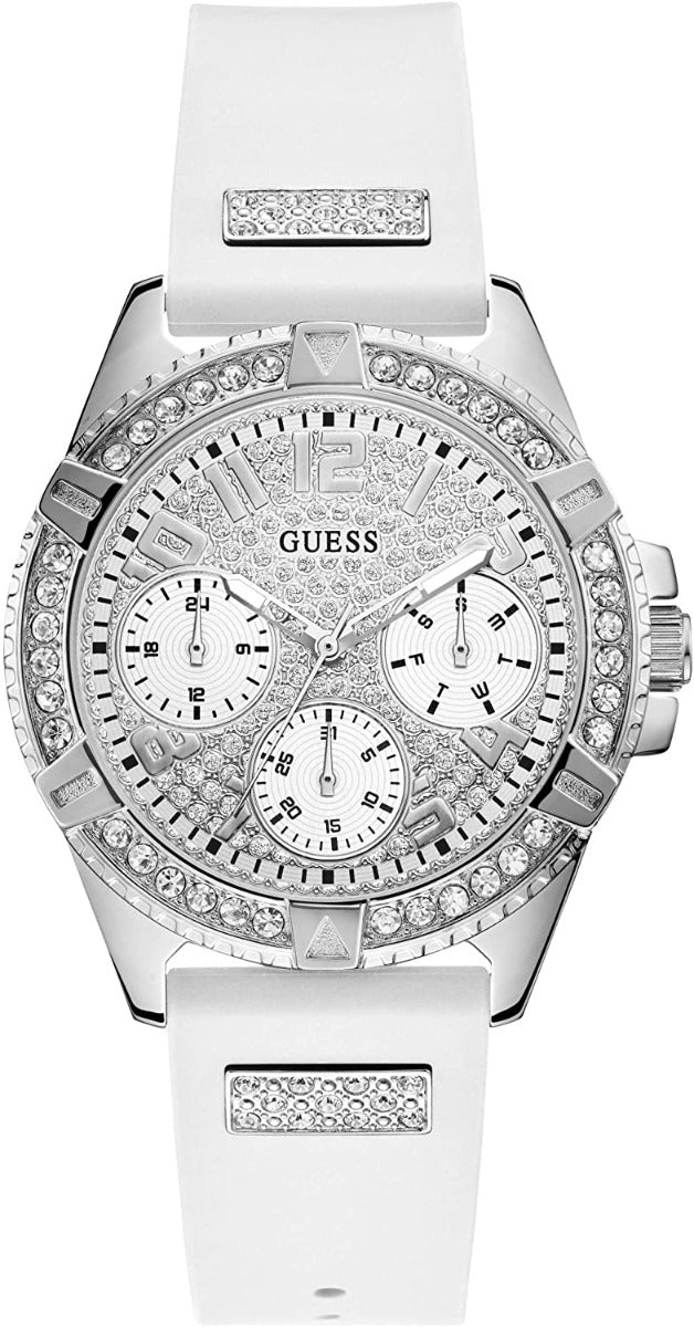Gwylio Merched Guess Lady Frontier gyda Deial Arian a Strap Silicon Gwyn W1160L4
