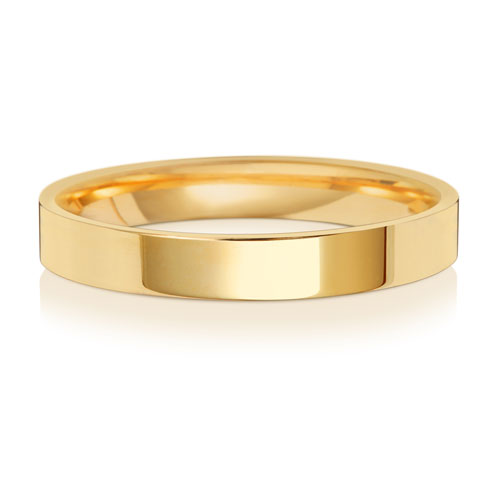 Band Priodas Llys Fflat 3mm Aur Melyn 9ct