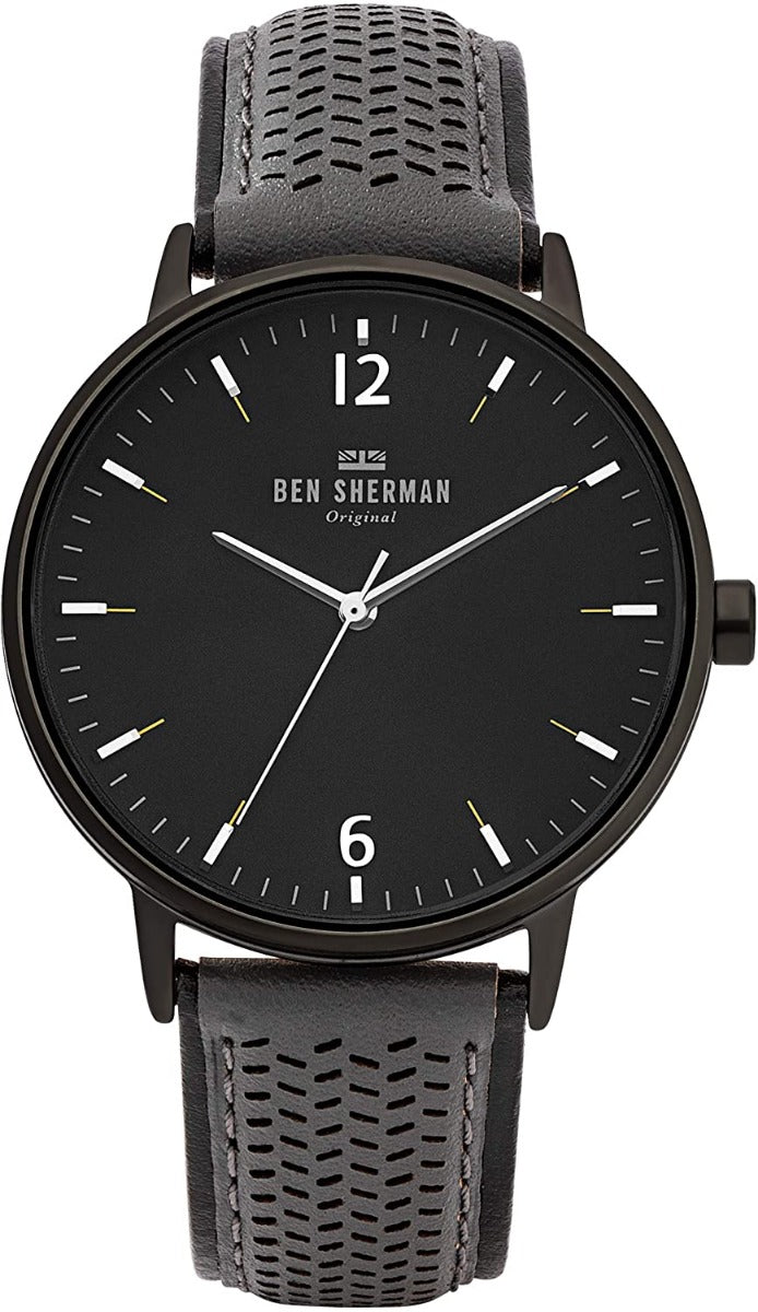 Ben Sherman Mens Watch with Black Dial and Grey Leather Strap WB038E