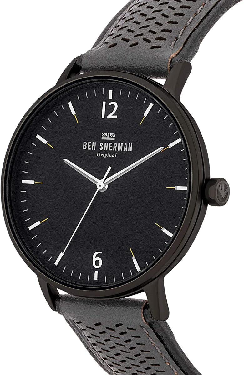 Ben Sherman Mens Watch with Black Dial and Grey Leather Strap WB038E