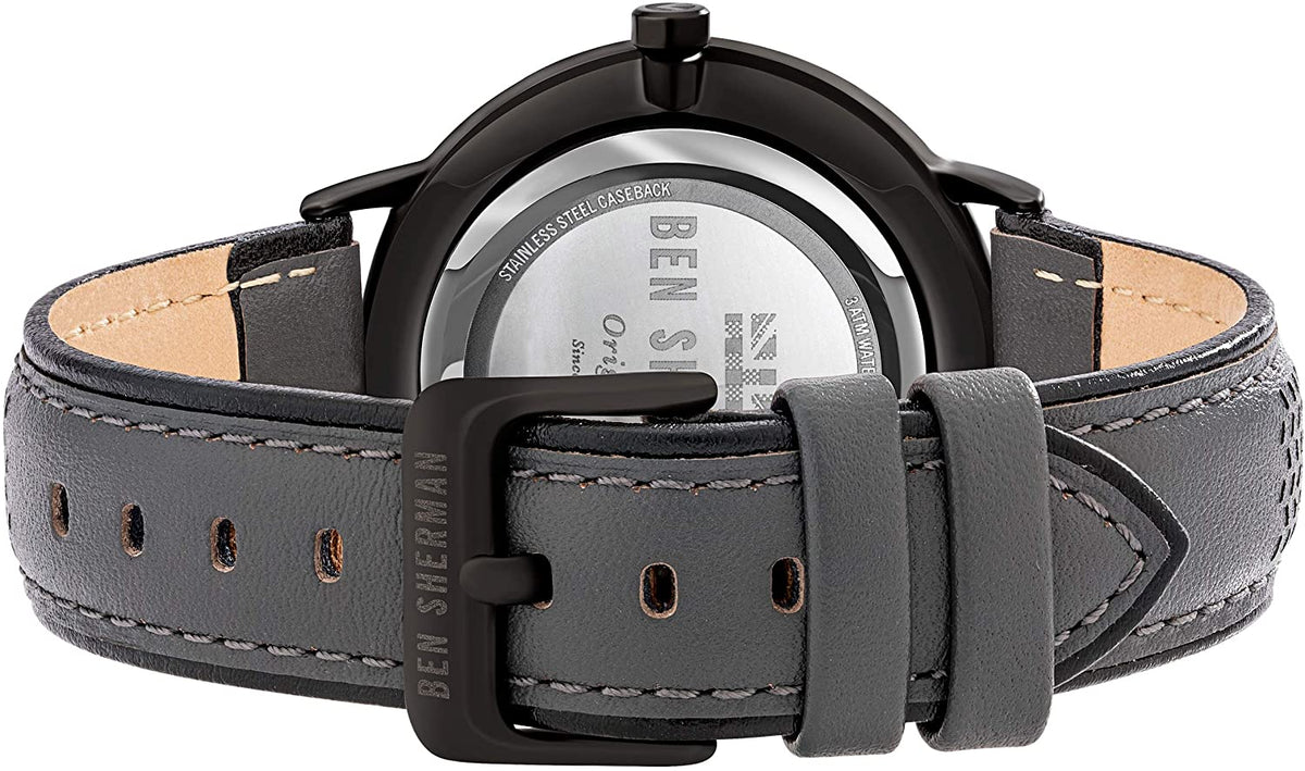 Ben Sherman Mens Watch with Black Dial and Grey Leather Strap WB038E